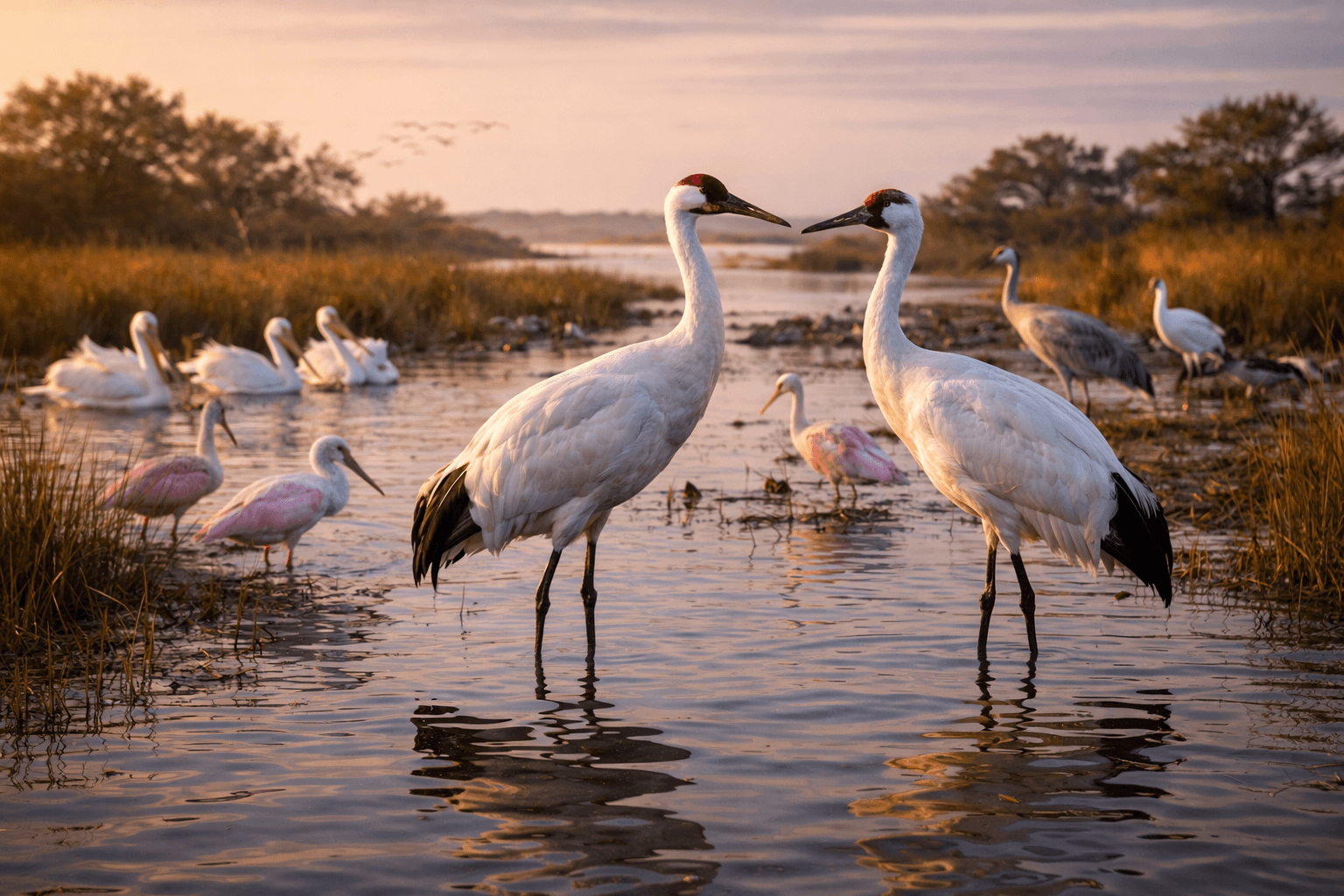 Graceful whooping cranes in the golden marshlands of Aransas