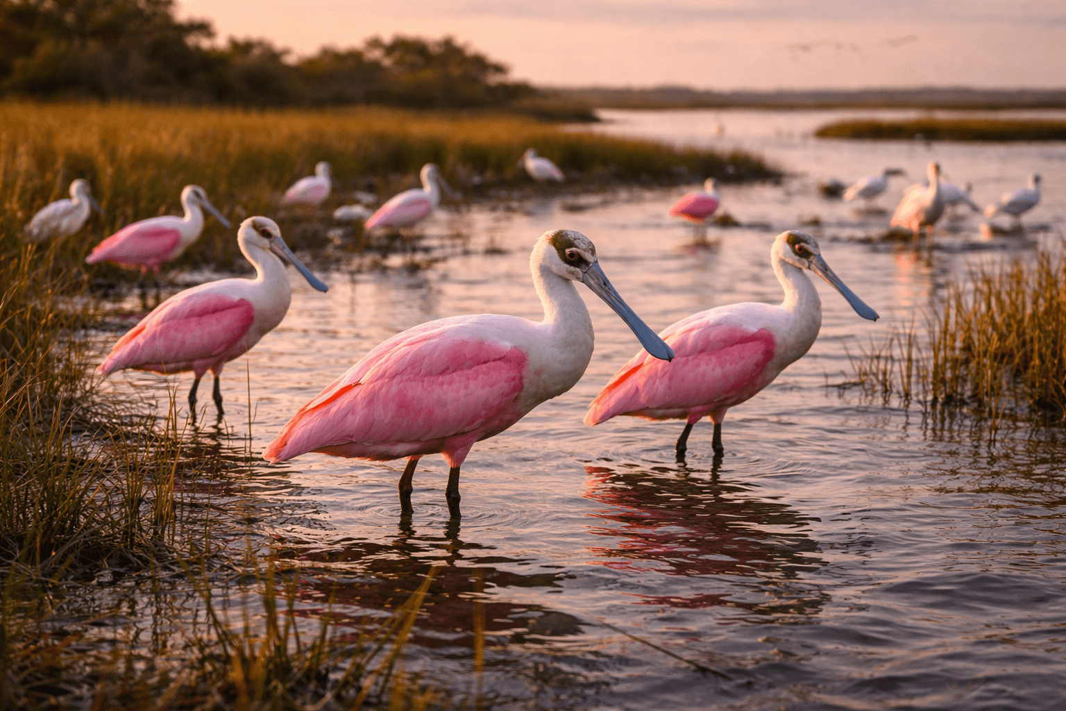 Roseate spoonbills glowing pink in golden marshlight near Rockport, Texas