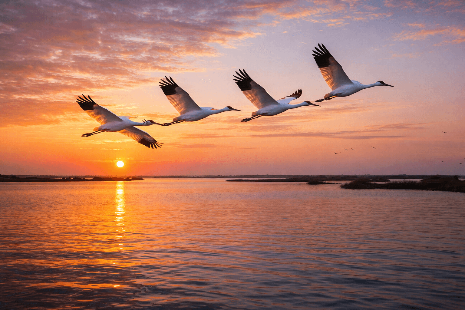 Whooping cranes at sunrise over Aransas Bay